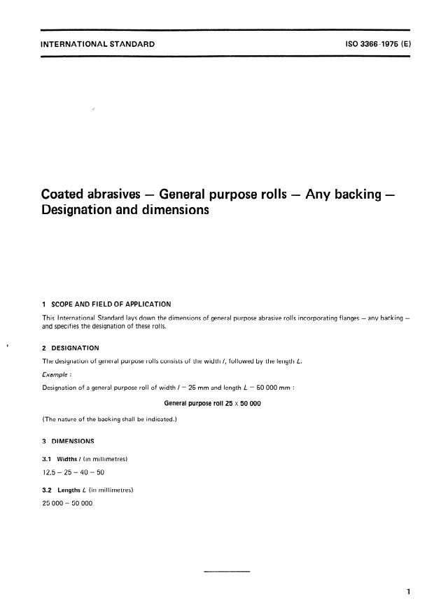 ISO 3366:1975 - Coated abrasives -- General purpose rolls -- Any backing -- Designation and dimensions
