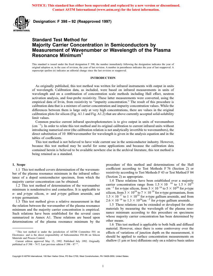 ASTM F398-92(1997) - Standard Test Method for Majority Carrier Concentration in Semiconductors by Measurement of Wavenumber or Wavelength of the Plasma Resonance Minimum