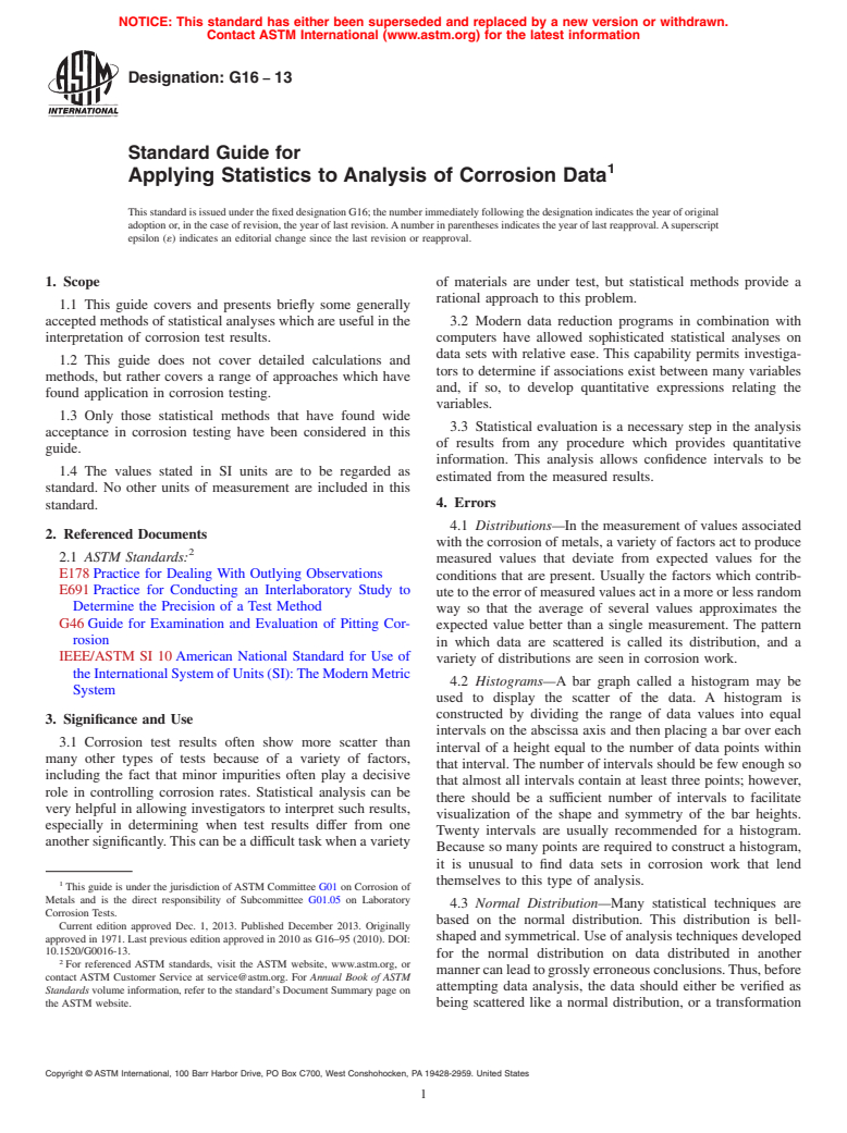 ASTM G16-13 - Standard Guide for Applying Statistics to Analysis of Corrosion Data