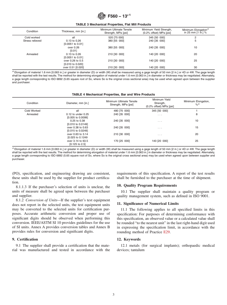 ASTM F560-13e1 - Standard Specification for Unalloyed Tantalum for Surgical Implant Applications (UNS R05200, UNS R05400)