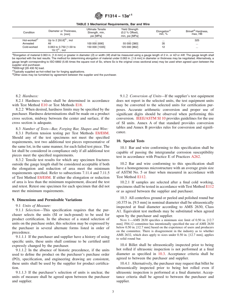 ASTM F1314-13ae1 - Standard Specification for Wrought Nitrogen Strengthened 22 Chromium&ndash;13 Nickel&ndash;5  Manganese&ndash;2.5 Molybdenum Stainless Steel Alloy Bar and Wire  for  Surgical Implants (UNS S20910)