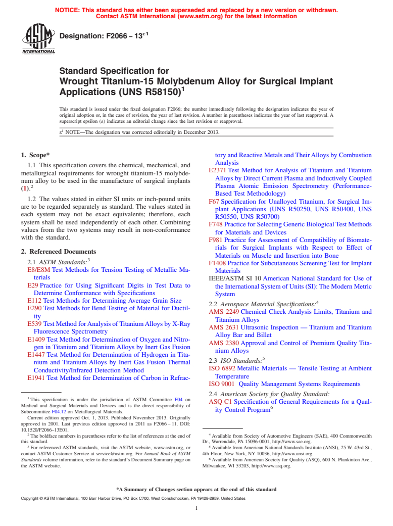 ASTM F2066-13e1 - Standard Specification for Wrought Titanium-15 Molybdenum Alloy for Surgical Implant Applications (UNS R58150)