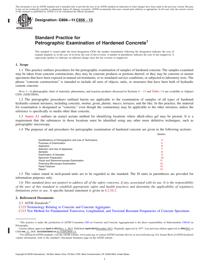 REDLINE ASTM C856-13 - Standard Practice for  Petrographic Examination of Hardened Concrete
