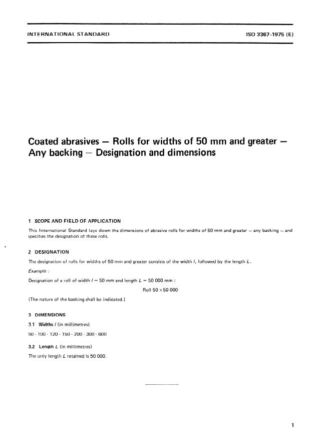 ISO 3367:1975 - Coated abrasives -- Rolls for widths of 50 mm and greater -- Any backing -- Designation and dimensions