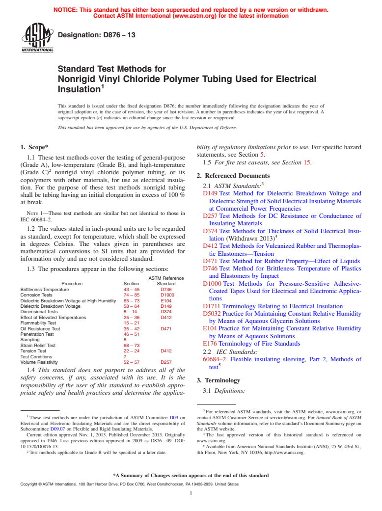 ASTM D876-13 - Standard Test Methods for  Nonrigid Vinyl Chloride Polymer Tubing Used for Electrical   Insulation