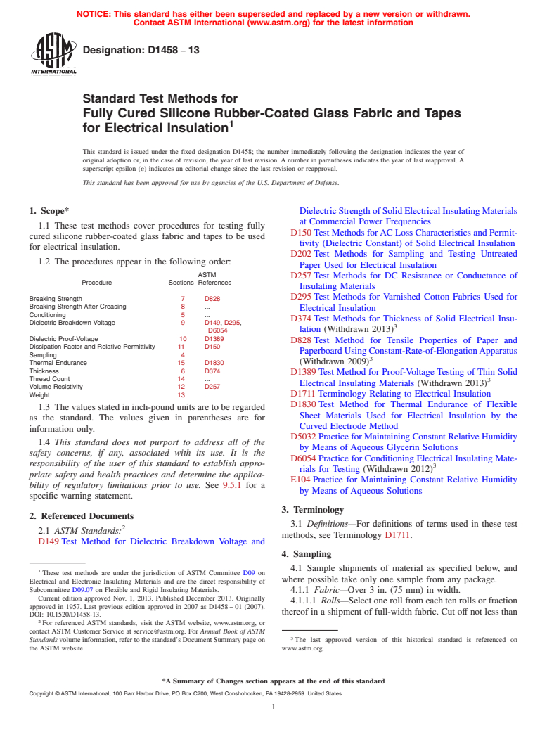 ASTM D1458-13 - Standard Test Methods for  Fully Cured Silicone Rubber-Coated Glass Fabric and Tapes for  Electrical Insulation (Withdrawn 2019)