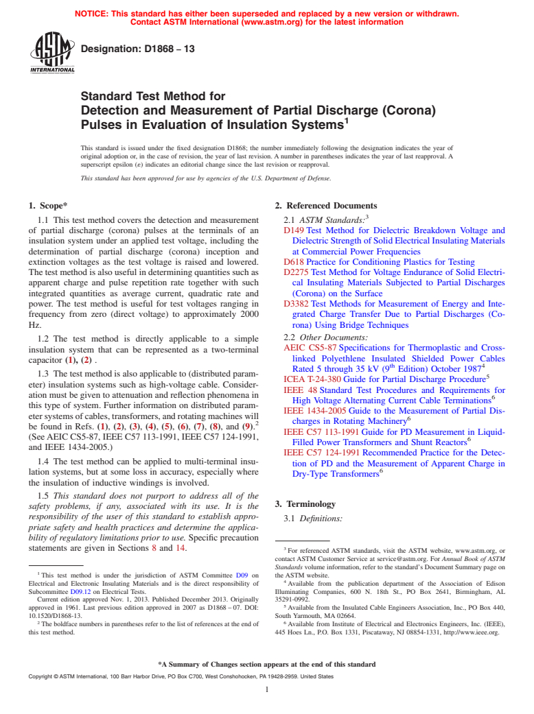 ASTM D1868-13 - Standard Test Method for  Detection and Measurement of Partial Discharge (Corona) Pulses in Evaluation of Insulation Systems