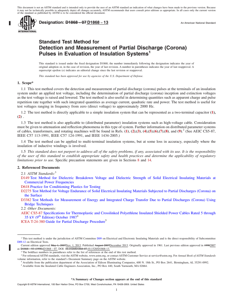 REDLINE ASTM D1868-13 - Standard Test Method for  Detection and Measurement of Partial Discharge (Corona) Pulses in Evaluation of Insulation Systems