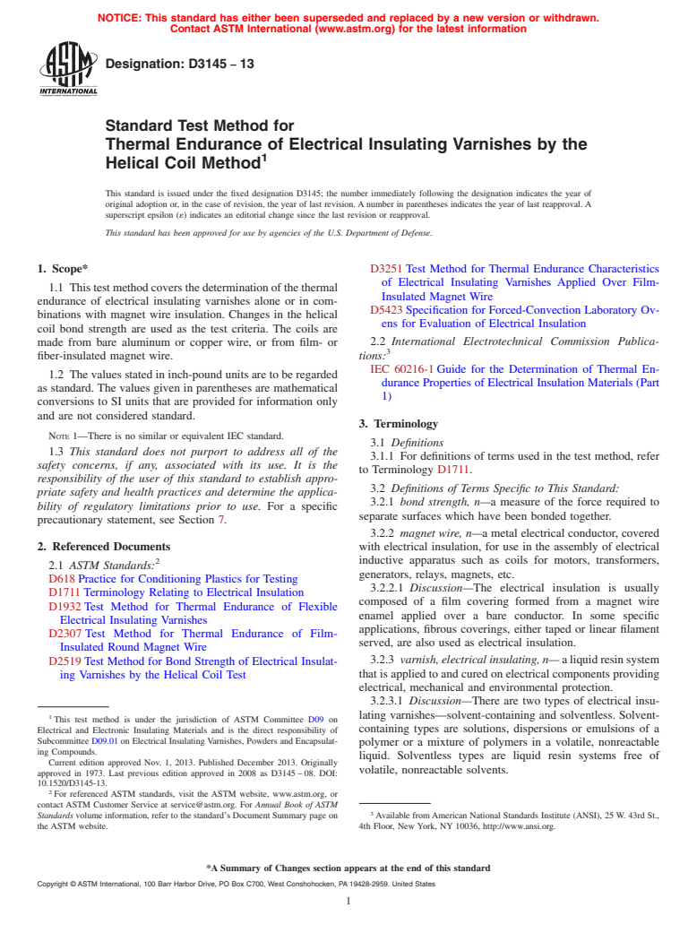 ASTM D3145-13 - Standard Test Method for Thermal Endurance of Electrical Insulating Varnishes by the   Helical Coil Method