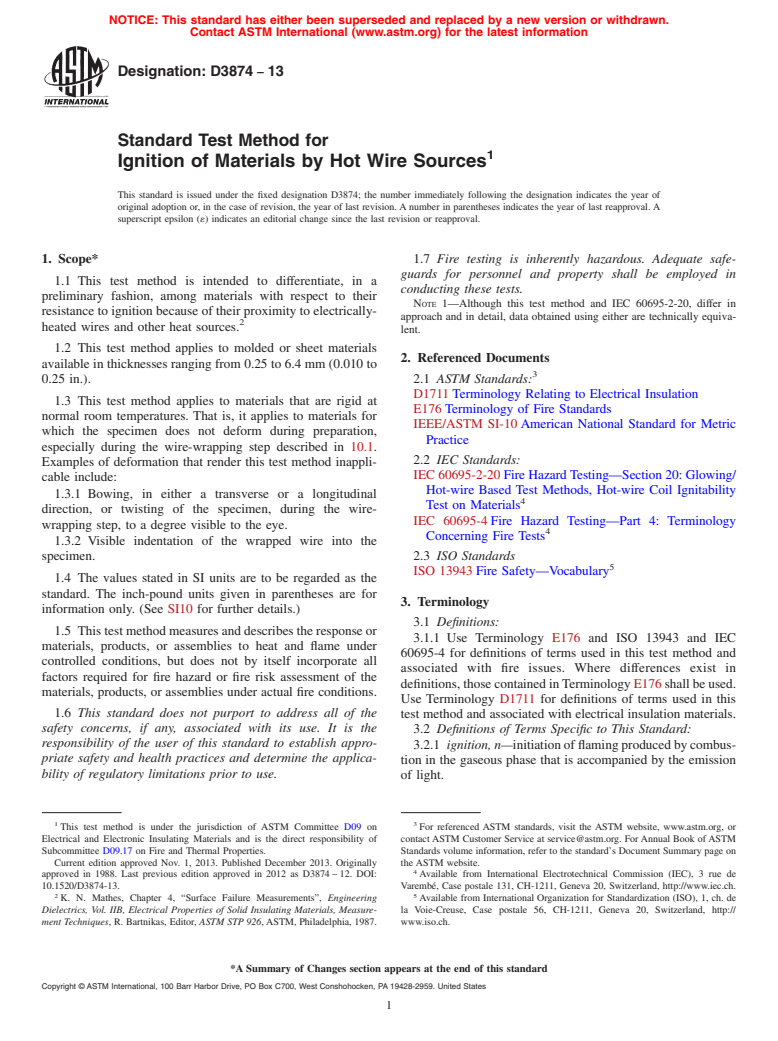 ASTM D3874-13 - Standard Test Method for Ignition of Materials by Hot Wire Sources