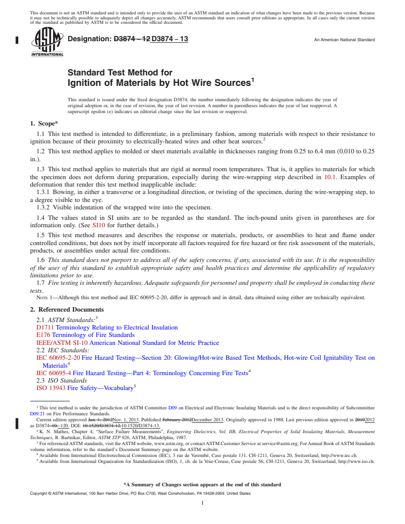 REDLINE ASTM D3874-13 - Standard Test Method for Ignition of Materials by Hot Wire Sources