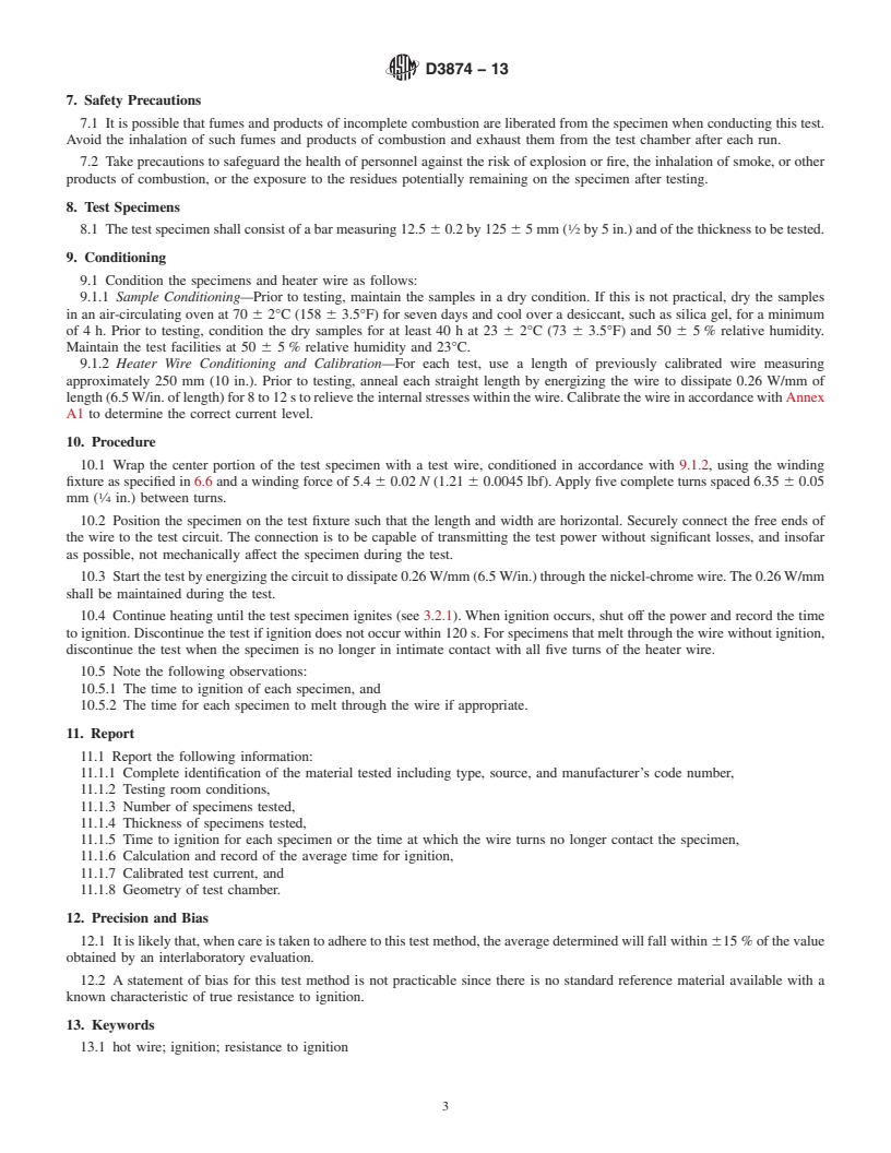 REDLINE ASTM D3874-13 - Standard Test Method for Ignition of Materials by Hot Wire Sources