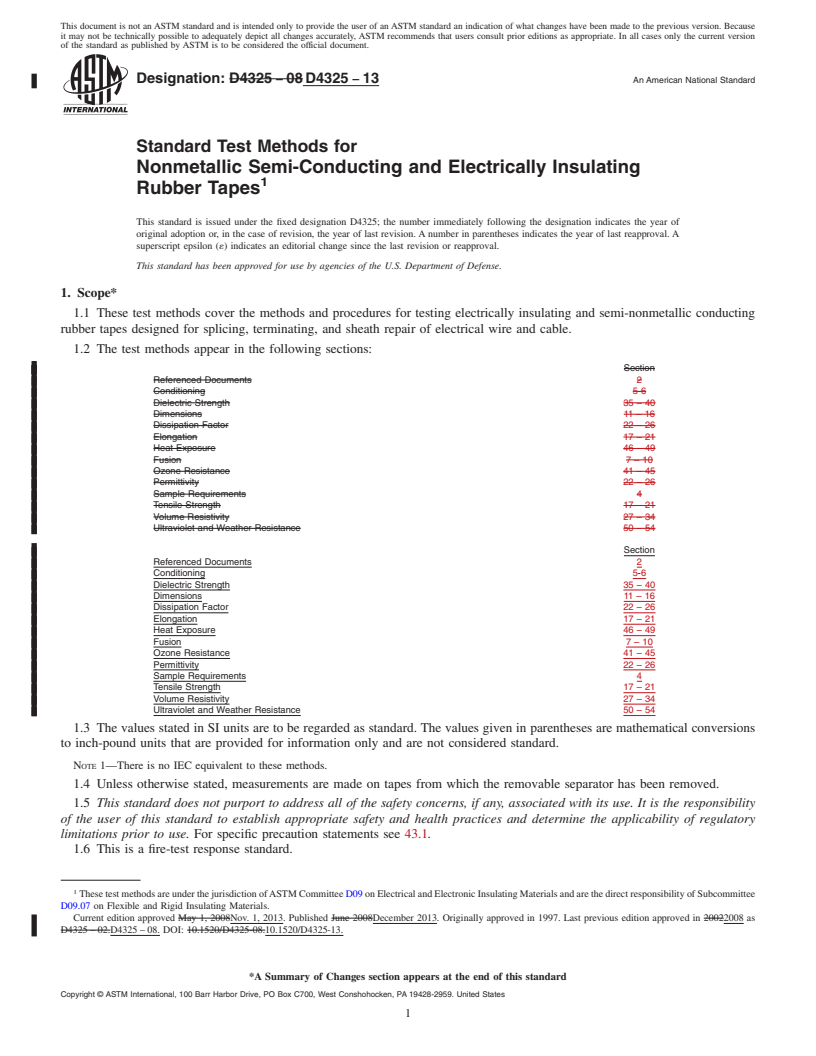 REDLINE ASTM D4325-13 - Standard Test Methods for Nonmetallic Semi-Conducting and Electrically Insulating Rubber   Tapes