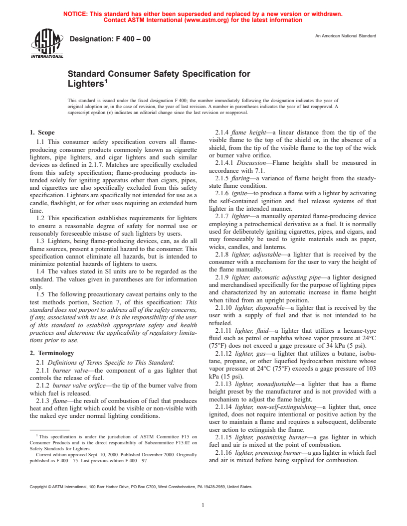 ASTM F400-00 - Standard Consumer Safety Specification for Lighters