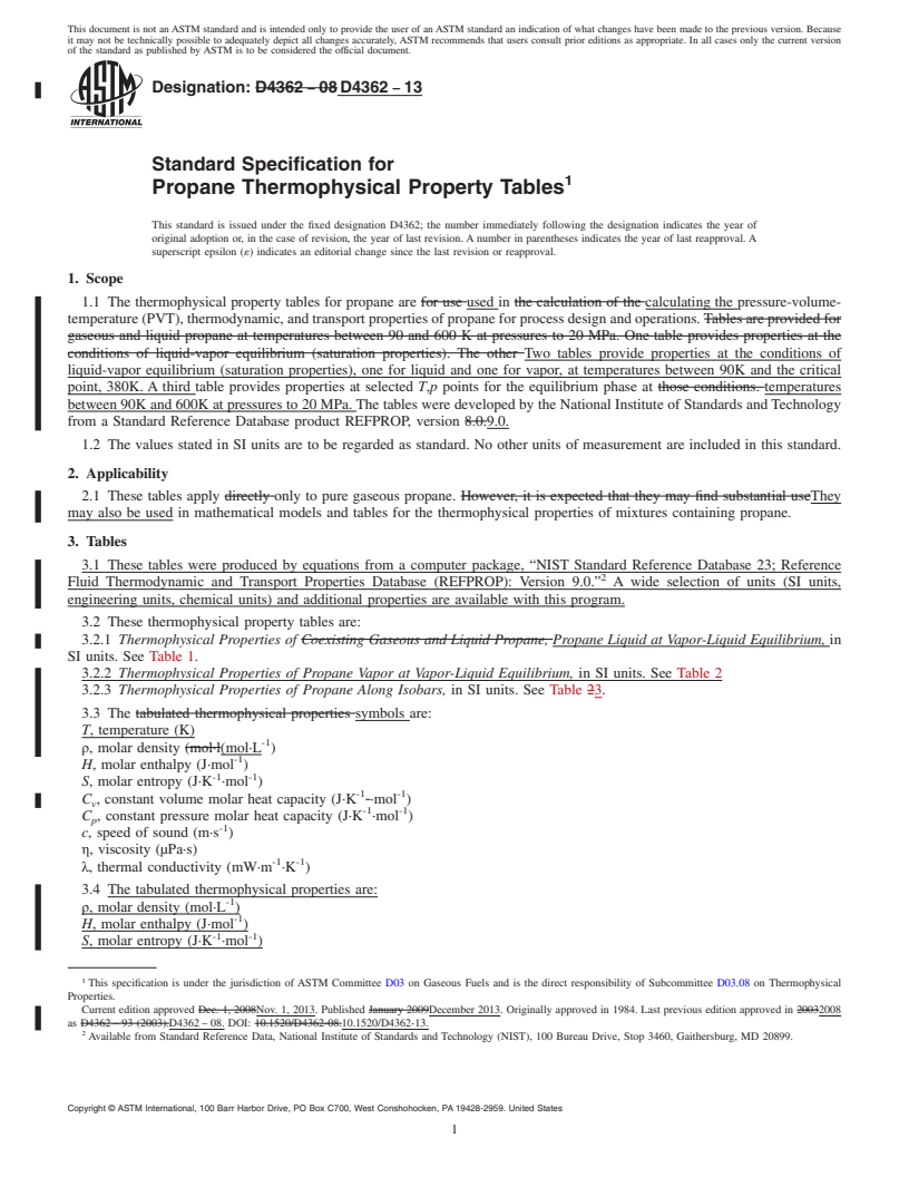 REDLINE ASTM D4362-13 - Standard Specification for Propane Thermophysical Property Tables