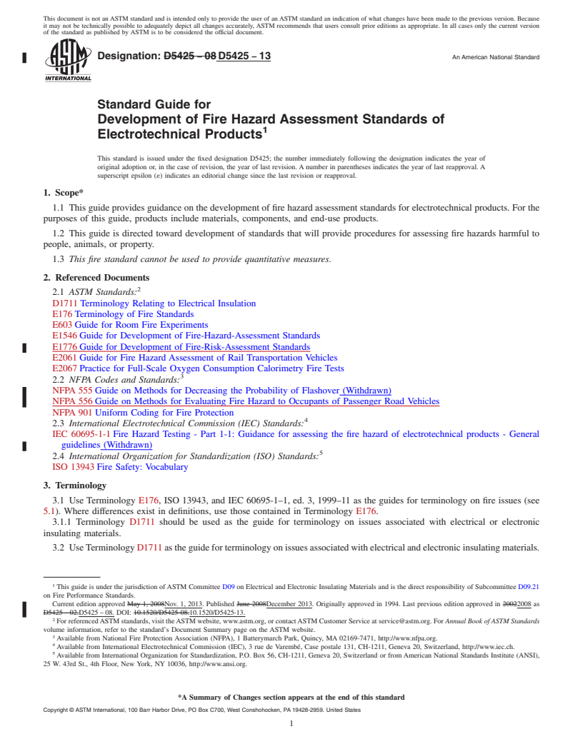 REDLINE ASTM D5425-13 - Standard Guide for Development of Fire Hazard Assessment Standards of Electrotechnical  Products