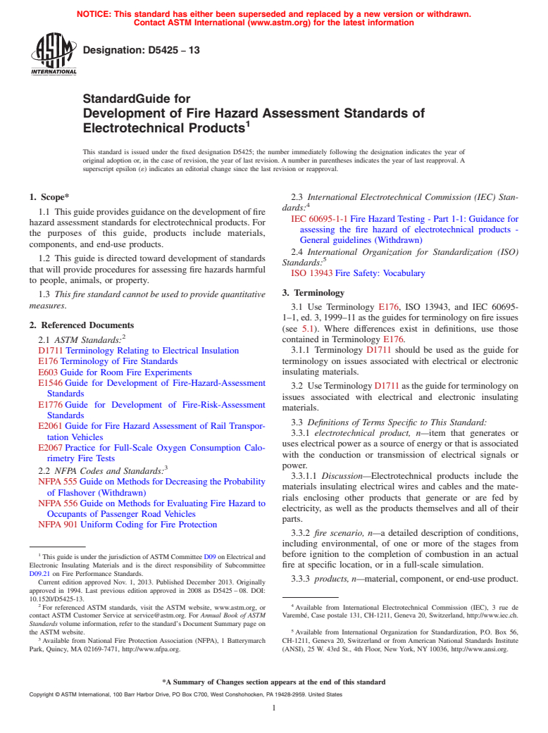 ASTM D5425-13 - Standard Guide for Development of Fire Hazard Assessment Standards of Electrotechnical  Products