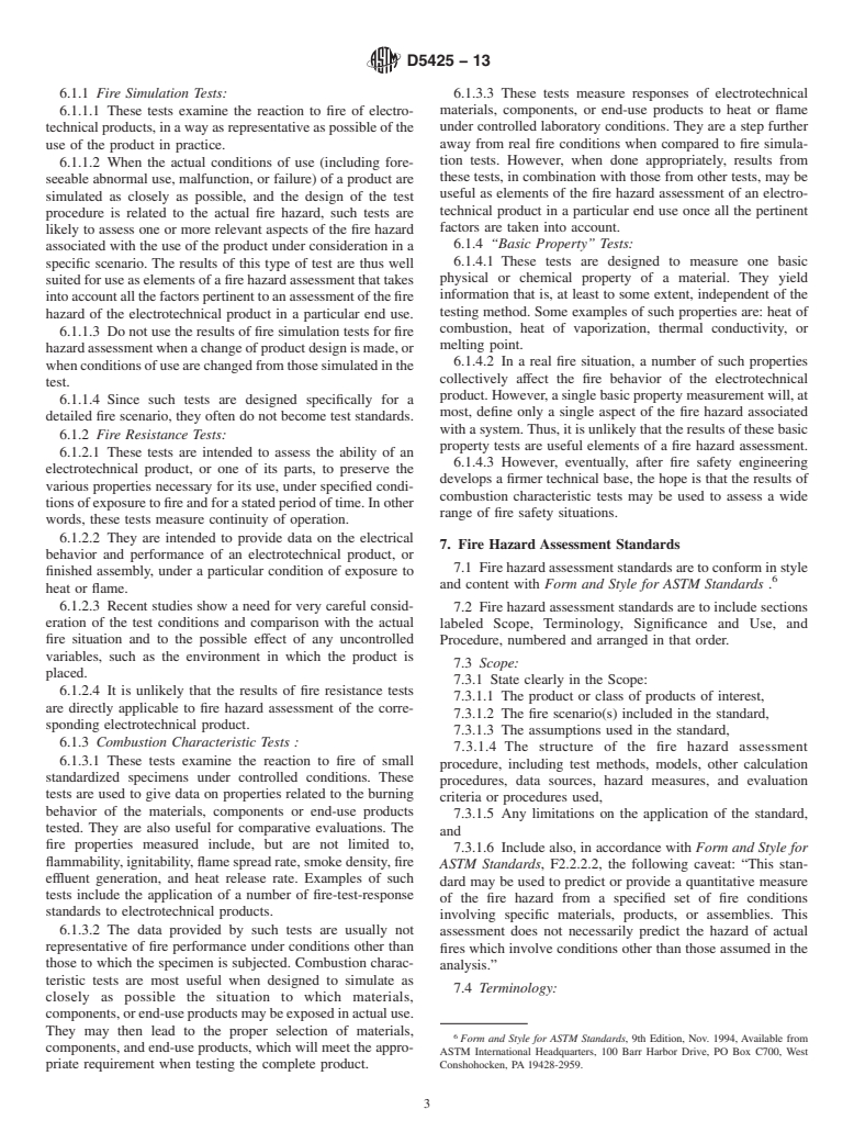 ASTM D5425-13 - Standard Guide for Development of Fire Hazard Assessment Standards of Electrotechnical  Products