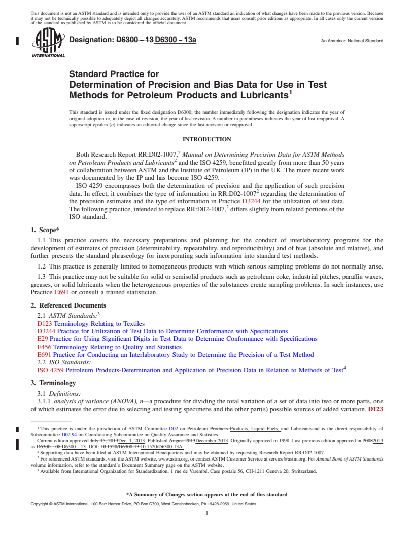 REDLINE ASTM D6300-13a - Standard Practice for  Determination of Precision and Bias Data for Use in Test Methods   for Petroleum Products and Lubricants