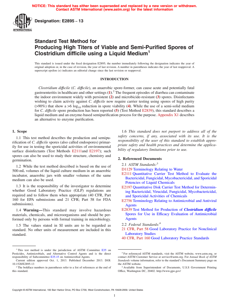 ASTM E2895-13 - Standard Test Method for Producing High Titers of Viable and Semi-Purified Spores of  Clostridium difficile using a Liquid Medium