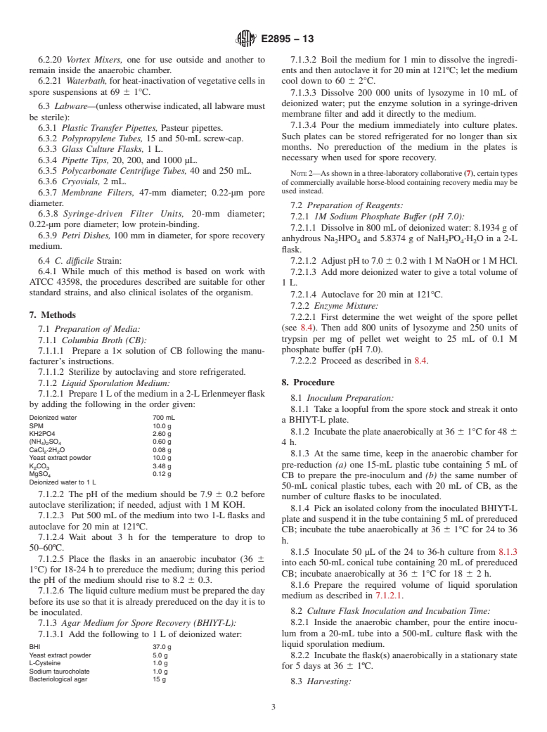 ASTM E2895-13 - Standard Test Method for Producing High Titers of Viable and Semi-Purified Spores of  Clostridium difficile using a Liquid Medium