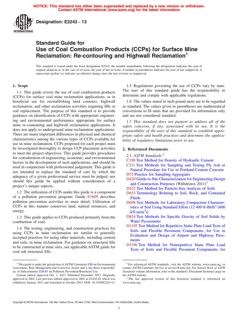 ASTM E2243-13 - Standard Guide for Use of Coal Combustion Products (CCPs) for Surface Mine Reclamation: Re-contouring and Highwall Reclamation