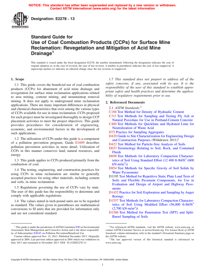 ASTM E2278-13 - Standard Guide for Use of Coal Combustion Products (CCPs) for Surface Mine Reclamation: Revegetation and Mitigation of Acid Mine Drainage