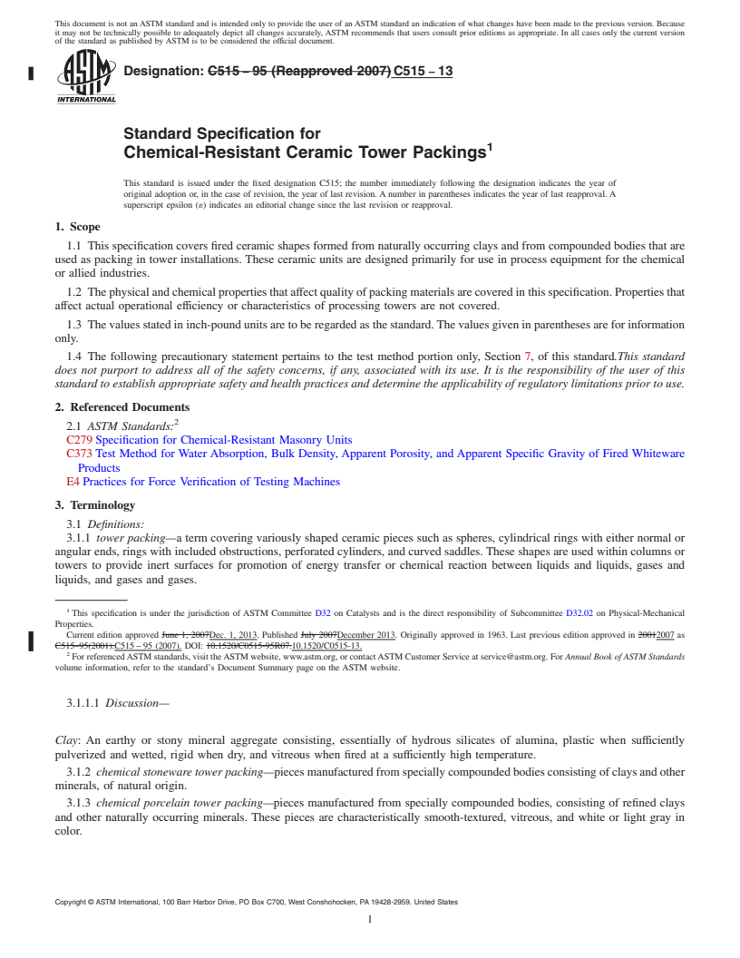 REDLINE ASTM C515-13 - Standard Specification for  Chemical-Resistant Ceramic Tower Packings