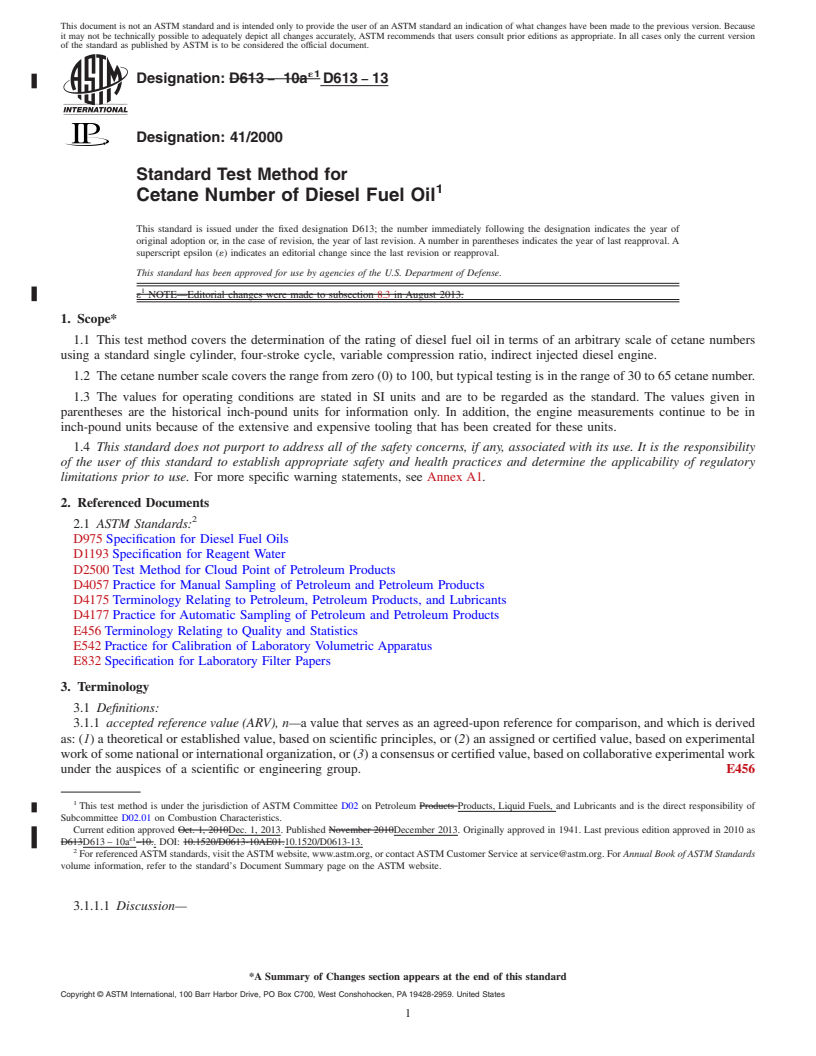 REDLINE ASTM D613-13 - Standard Test Method for  Cetane Number of Diesel Fuel Oil