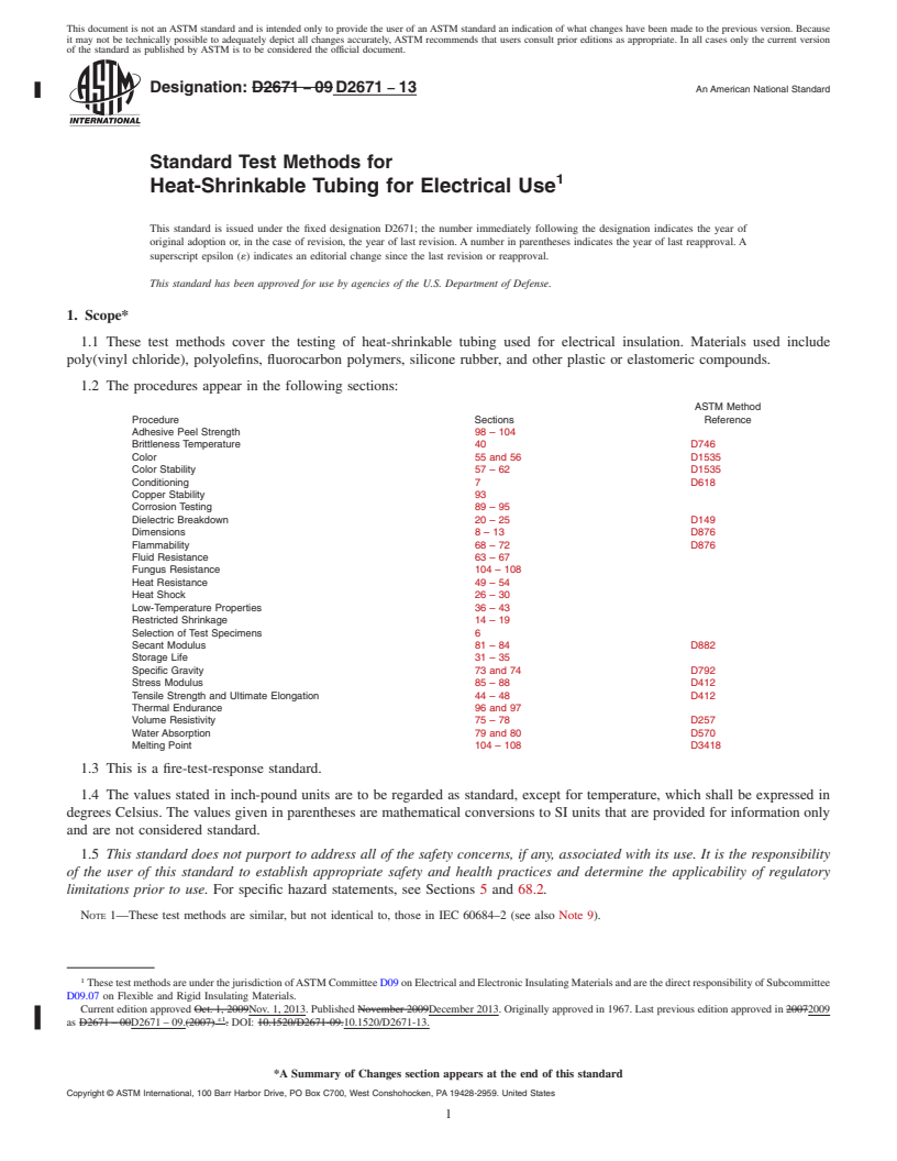 REDLINE ASTM D2671-13 - Standard Test Methods for  Heat-Shrinkable Tubing for Electrical Use