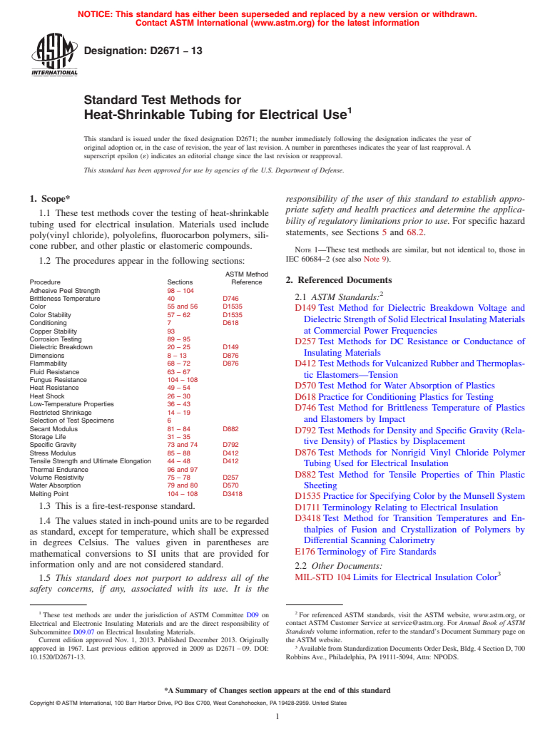 ASTM D2671-13 - Standard Test Methods for  Heat-Shrinkable Tubing for Electrical Use