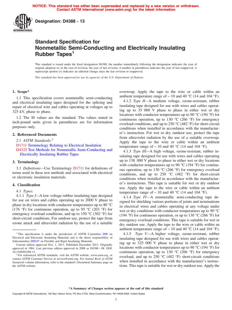 ASTM D4388-13 - Standard Specification for  Nonmetallic Semi-Conducting and Electrically Insulating Rubber  Tapes