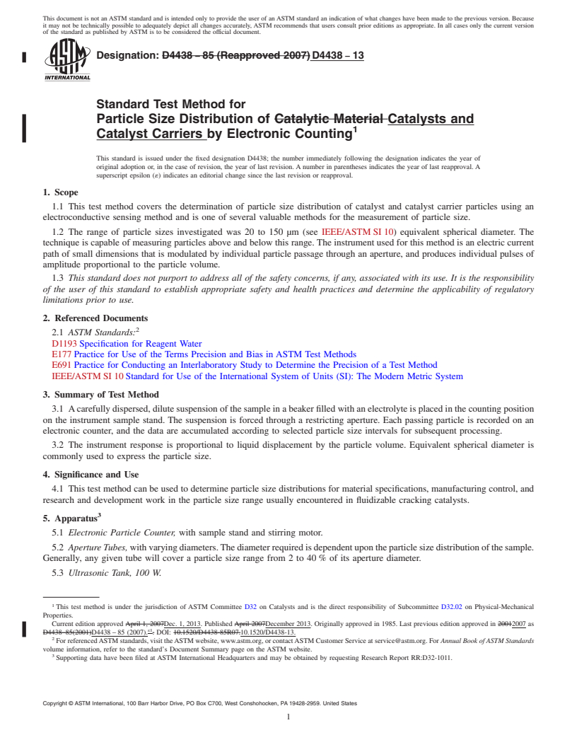 REDLINE ASTM D4438-13 - Standard Test Method for  Particle Size Distribution of Catalysts and Catalyst Carriers  by Electronic Counting