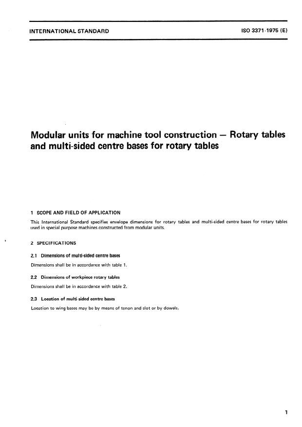 ISO 3371:1975 - Modular units for machine tool construction -- Rotary tables and multi-sided centre bases for rotary tables