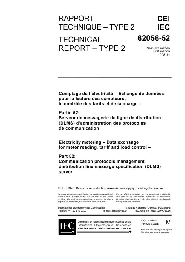 IEC TS 62056-52:1998 - Electricity metering - Data exchange for meter reading, tariff and load control - Part 52: Communication protocols management distribution line message specification (DLMS) server