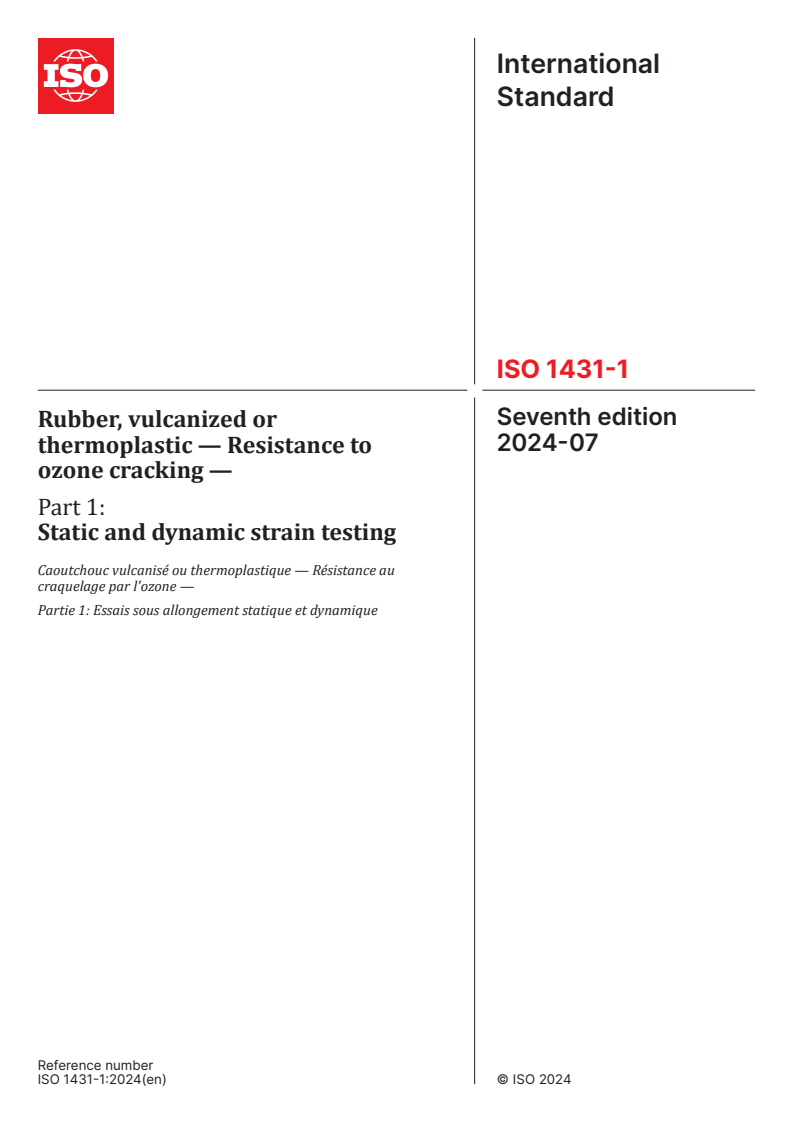 ISO 1431-1:2024 - Rubber, vulcanized or thermoplastic — Resistance to ozone cracking — Part 1: Static and dynamic strain testing
Released:4. 07. 2024