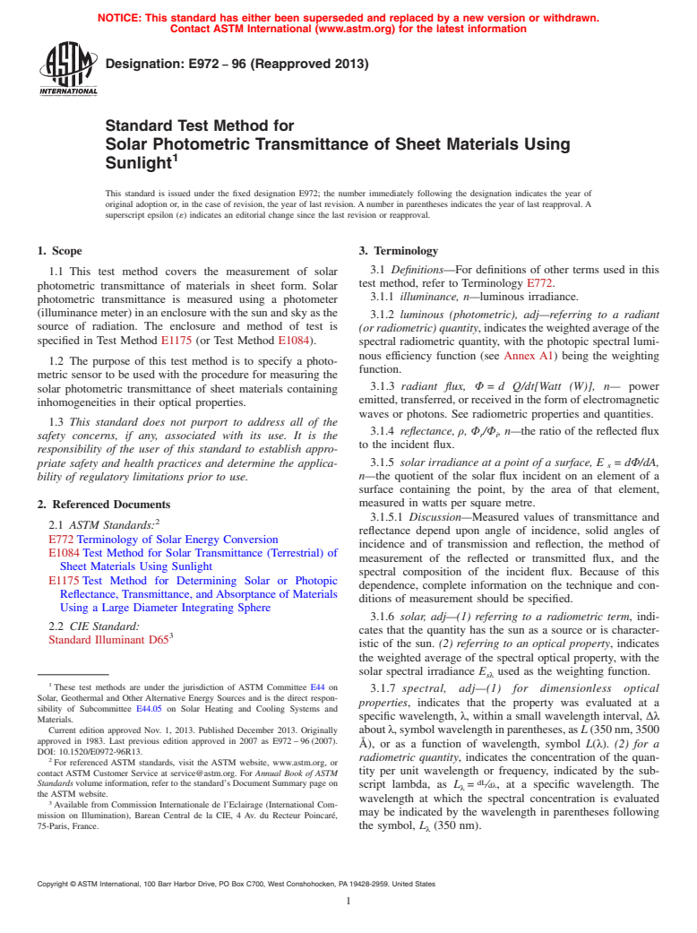 ASTM E972-96(2013) - Standard Test Method for  Solar Photometric Transmittance of Sheet Materials Using Sunlight