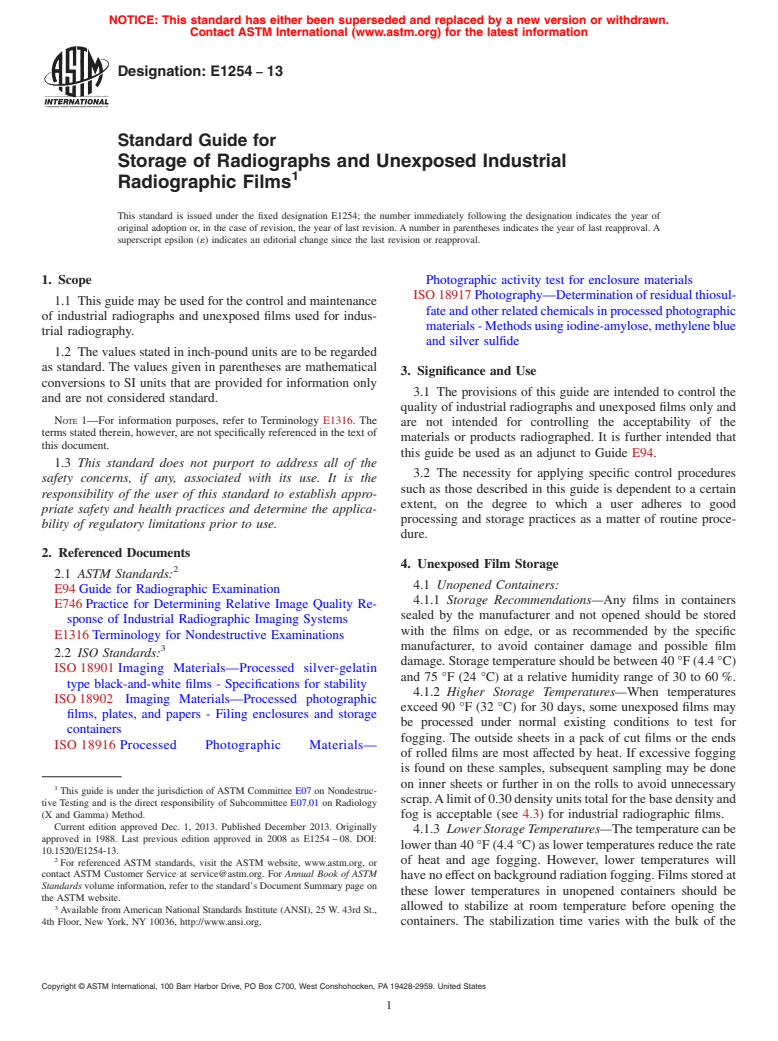 ASTM E1254-13 - Standard Guide for  Storage of Radiographs and Unexposed Industrial Radiographic  Films