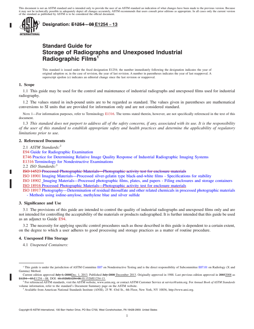 REDLINE ASTM E1254-13 - Standard Guide for  Storage of Radiographs and Unexposed Industrial Radiographic  Films