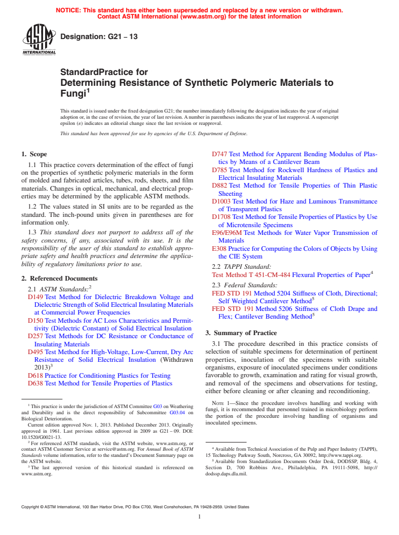 ASTM G21-13 - Standard Practice for  Determining Resistance of Synthetic Polymeric Materials to  Fungi