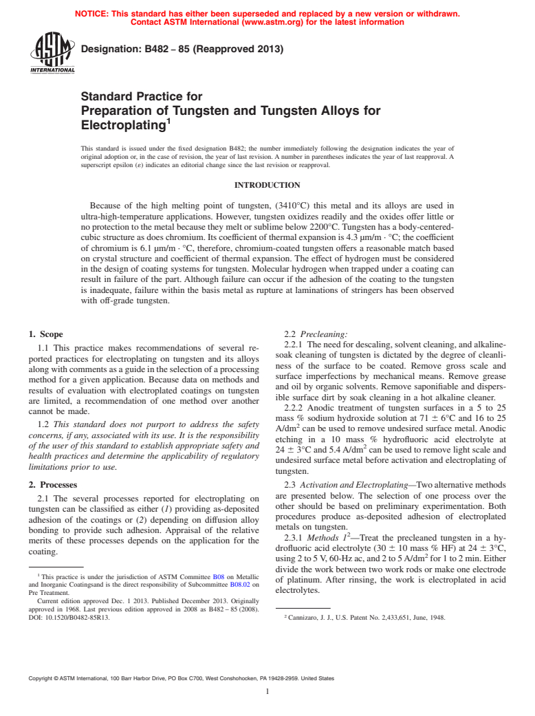 ASTM B482-85(2013) - Standard Practice for  Preparation of Tungsten and Tungsten Alloys for Electroplating