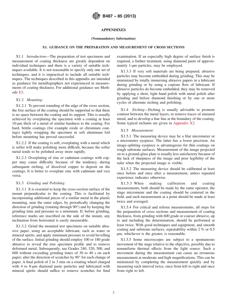 ASTM B487-85(2013) - Standard Test Method for  Measurement of Metal and Oxide Coating Thickness by Microscopical  Examination of Cross Section