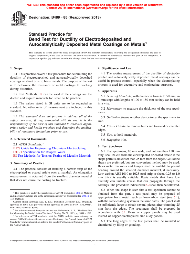 ASTM B489-85(2013) - Standard Practice for  Bend Test for Ductility of Electrodeposited and Autocatalytically  Deposited     Metal Coatings on Metals