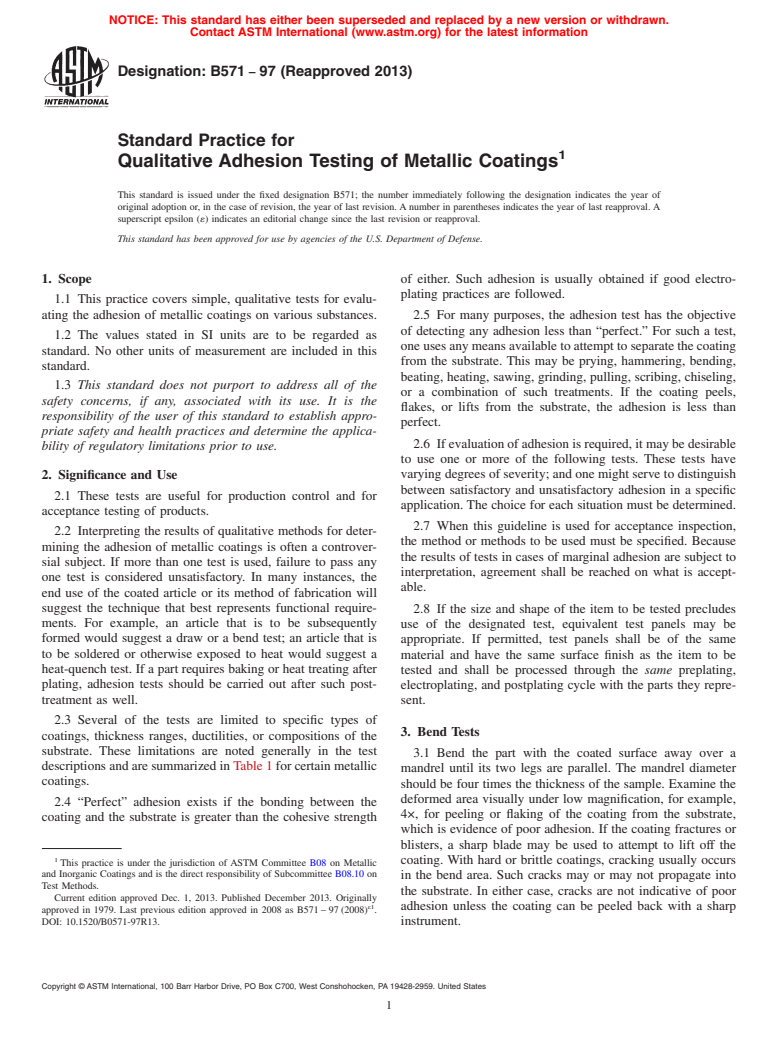 ASTM B571-97(2013) - Standard Practice for  Qualitative Adhesion Testing of Metallic Coatings