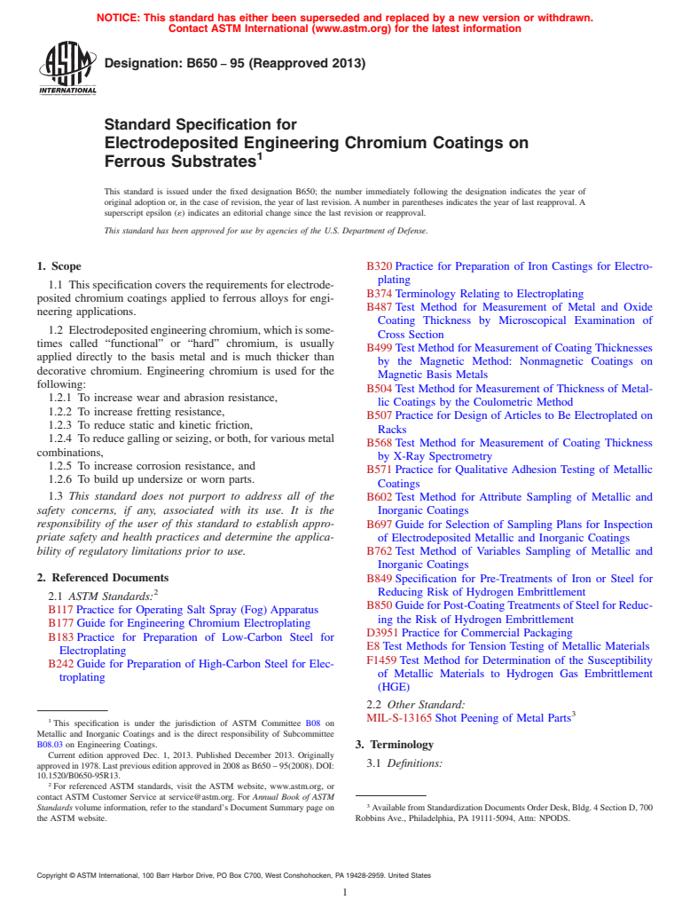 ASTM B650-95(2013) - Standard Specification for  Electrodeposited Engineering Chromium Coatings on Ferrous Substrates