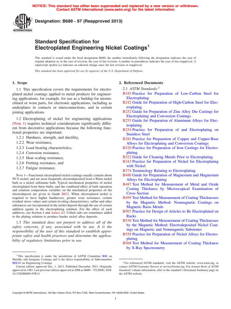 ASTM B689-97(2013) - Standard Specification for  Electroplated Engineering Nickel Coatings