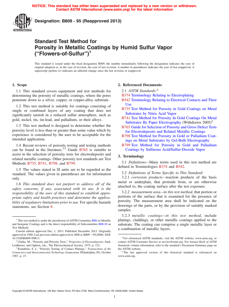 ASTM B809-95(2013) - Standard Test Method for  Porosity in Metallic Coatings by Humid Sulfur Vapor (&ldquo;Flowers-of-Sulfur&rdquo;)