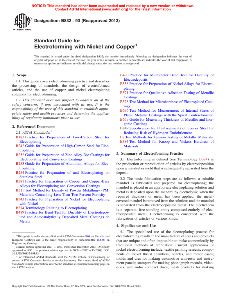 ASTM B832-93(2013) - Standard Guide for  Electroforming with Nickel and Copper