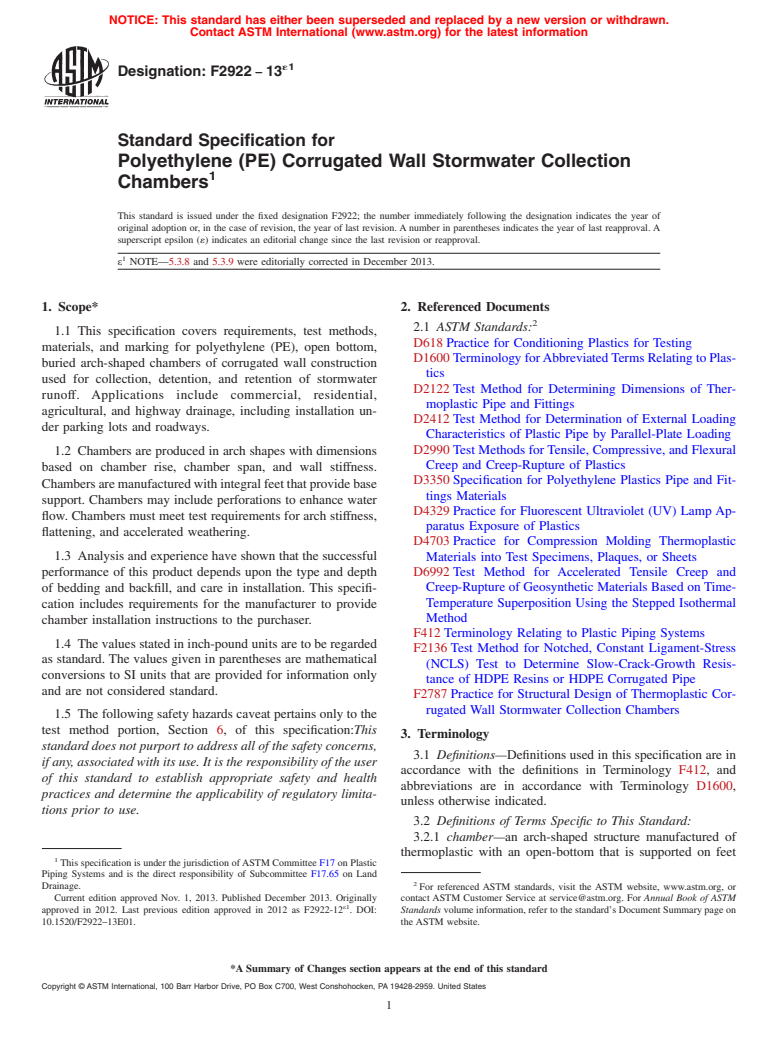 ASTM F2922-13e1 - Standard Specification for  Polyethylene (PE) Corrugated Wall Stormwater Collection Chambers