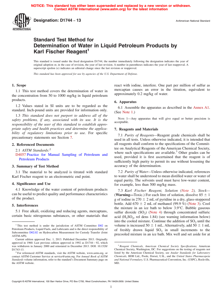 ASTM D1744-13 - Standard Test Method for Determination of Water in Liquid Petroleum Products by Karl Fischer Reagent (Withdrawn 2016)